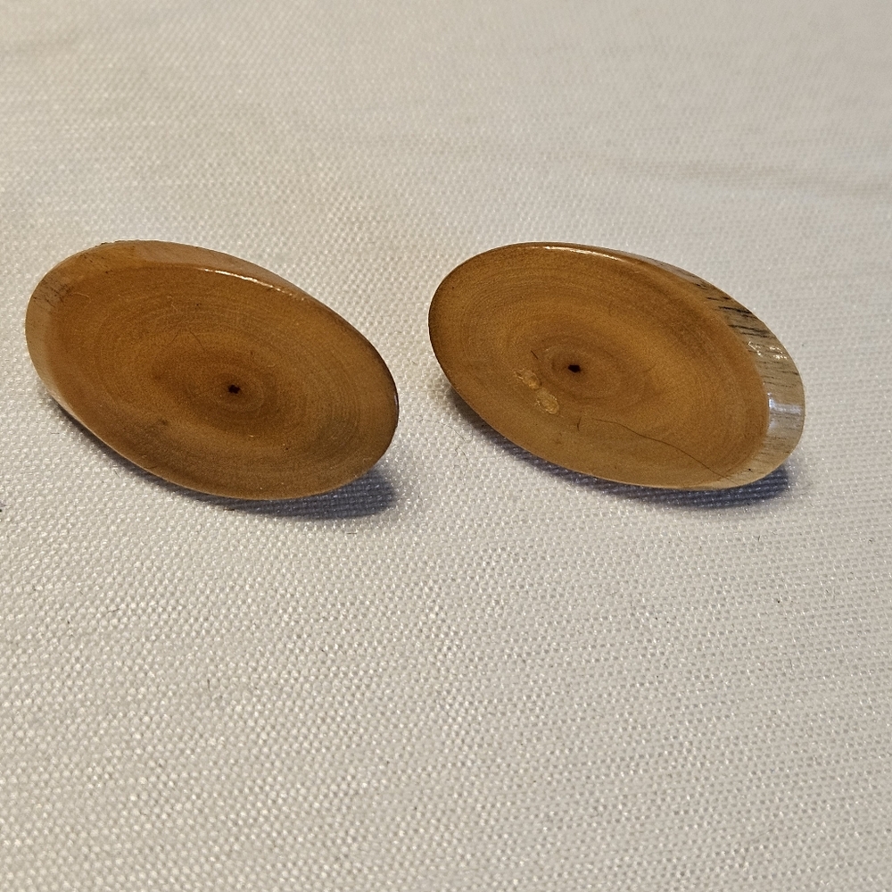 Vintage Natural Wood Disc Clip-On Earrings, Organic Tree Ring Design